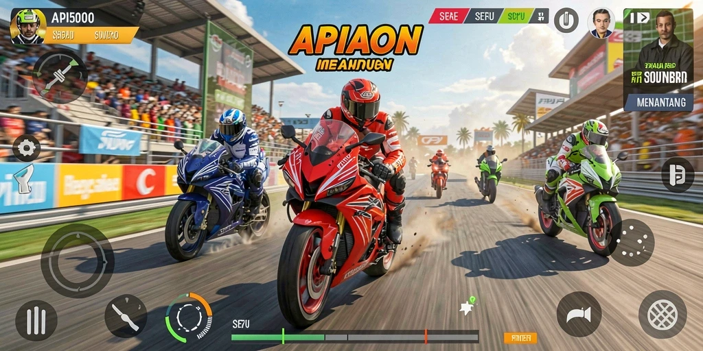 Tampilan gameplay seru dari API5000 saat balapan motor.