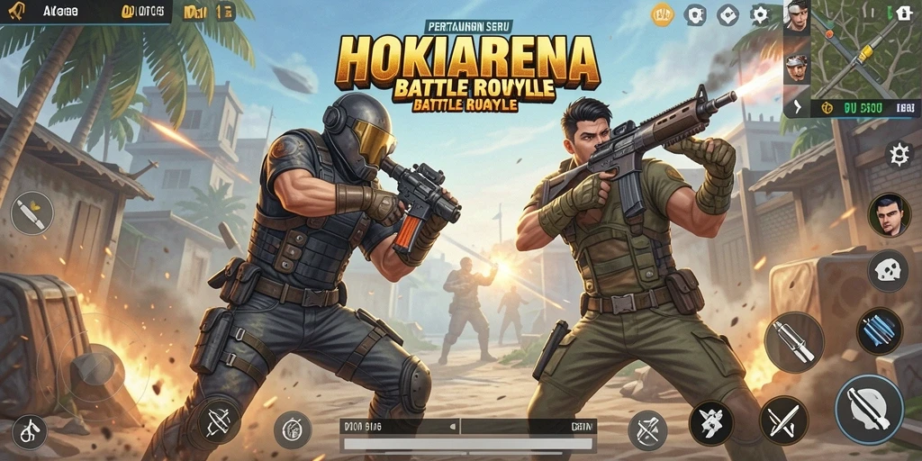 Tampilan gameplay aksi seru HOKIARENA di arena Battle Royale.