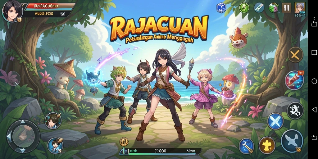 Screenshot gameplay RAJACUAN menampilkan aksi seru dengan karakter anime.