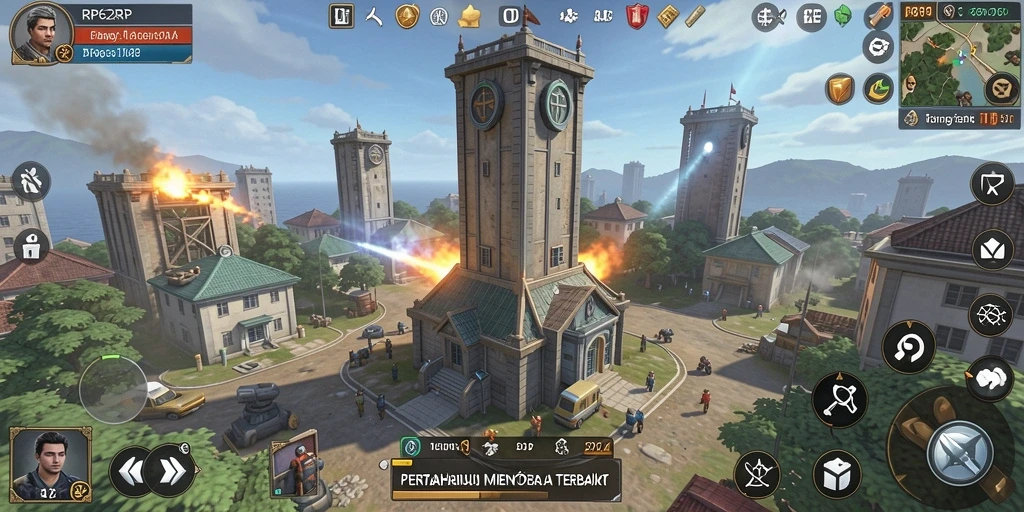 Screenshot gameplay RP62RP menunjukkan aksi menara mempertahankan serangan musuh.