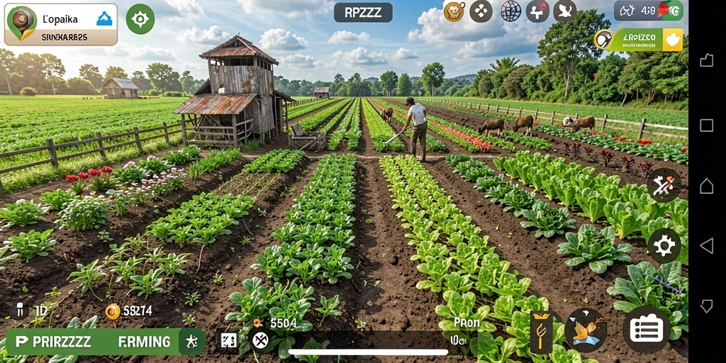 Screenshot gameplay RPZZZ yang menunjukkan suasana pertanian yang indah.