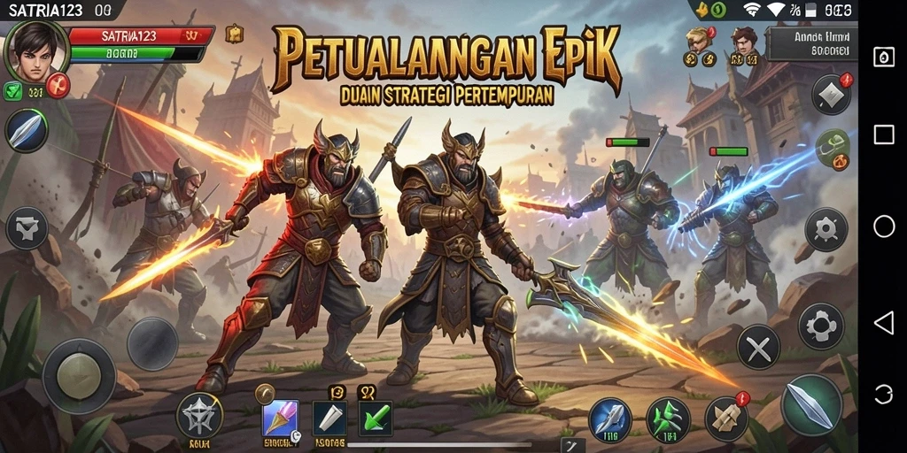 Screenshot SATRIA123 menampilkan aksi pertempuran seru dan unit yang beragam.