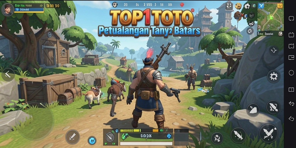 Screenshot gameplay TOP1TOTO menunjukkan keindahan dunia terbuka yang luas.