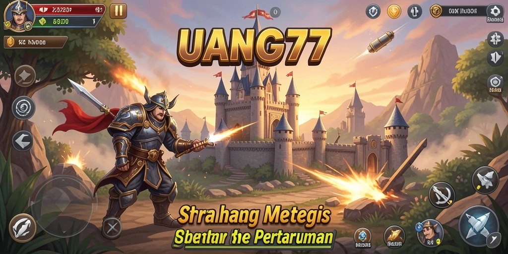 Tampilan gameplay seru dalam UANG77, menampilkan menara dan musuh yang dinamis.