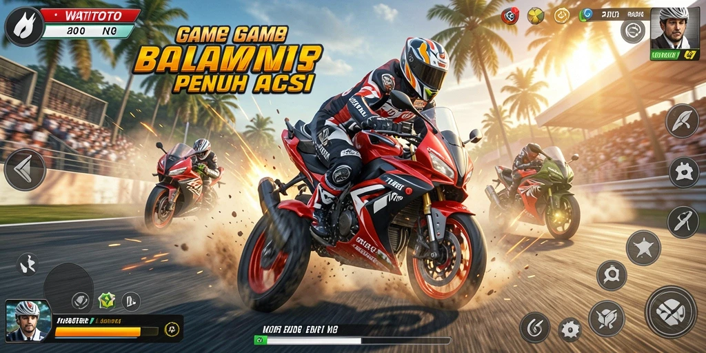 Screenshot gameplay WATITOTO menampilkan balapan motor yang seru dan penuh aksi.